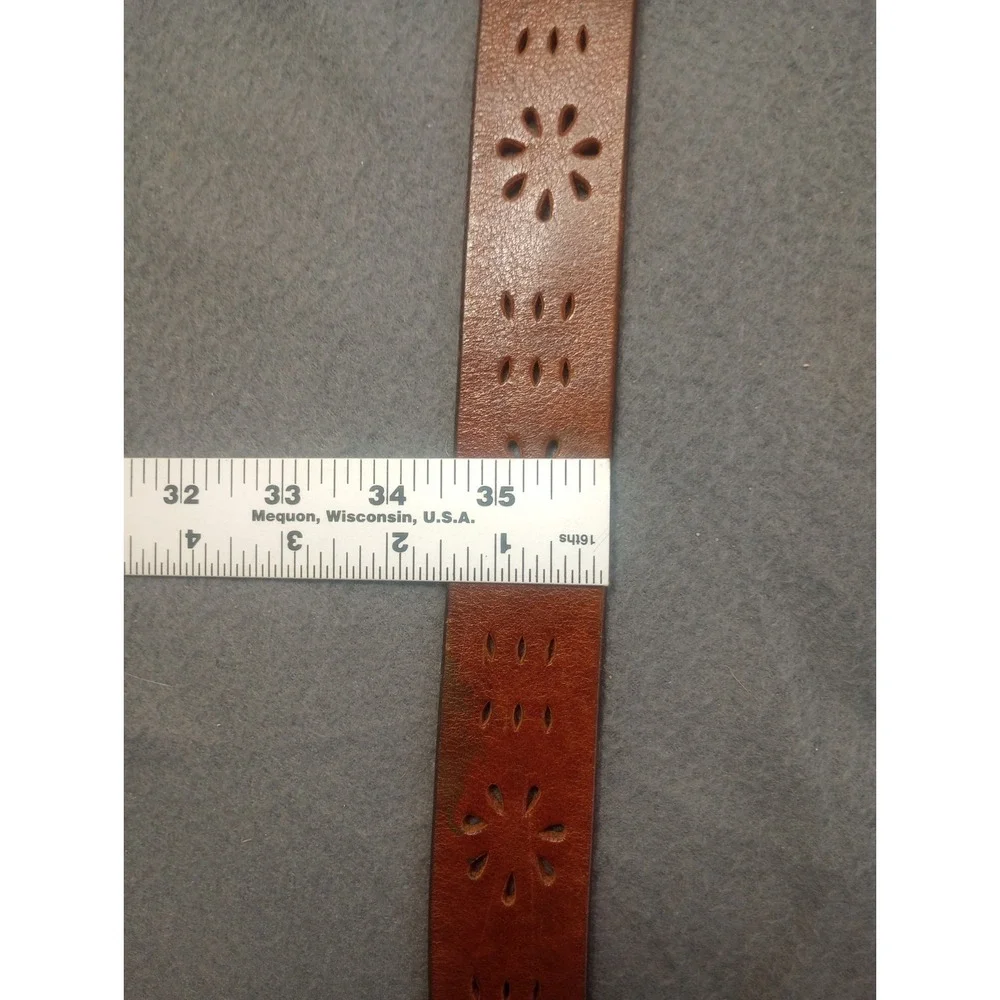 GAP Warped Brown Genuine Cow Leather Belt USA Women's Size M 36 Floral Cut Out